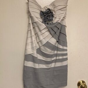 Ark & Co Strapless Gray and White Pleated Cocktail Dress with Rosette Accent